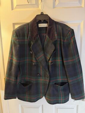 Norton McNaughton Navy and Green Plaid Double-Breasted Blazer